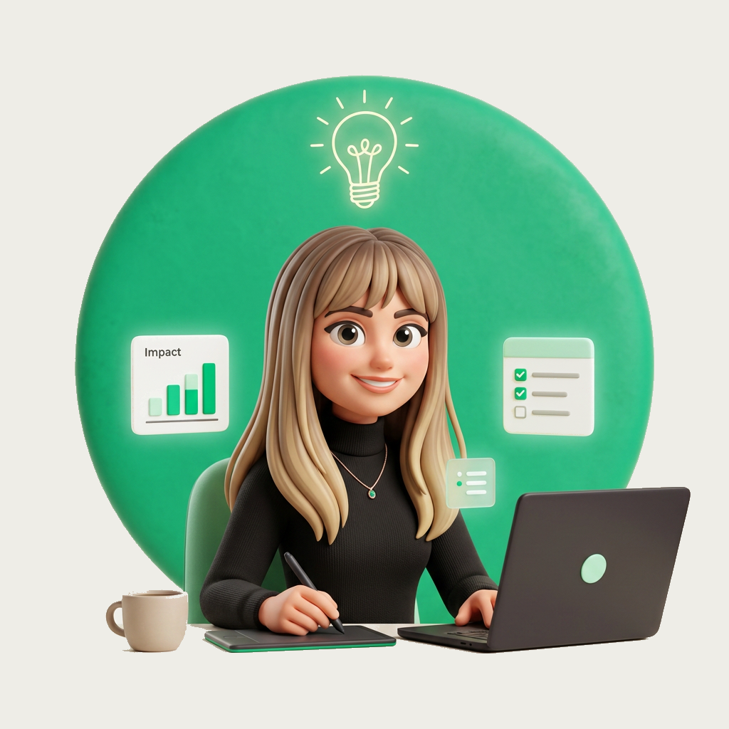 Illustration of Renata Buzhar working at her desk with a laptop and drawing tablet