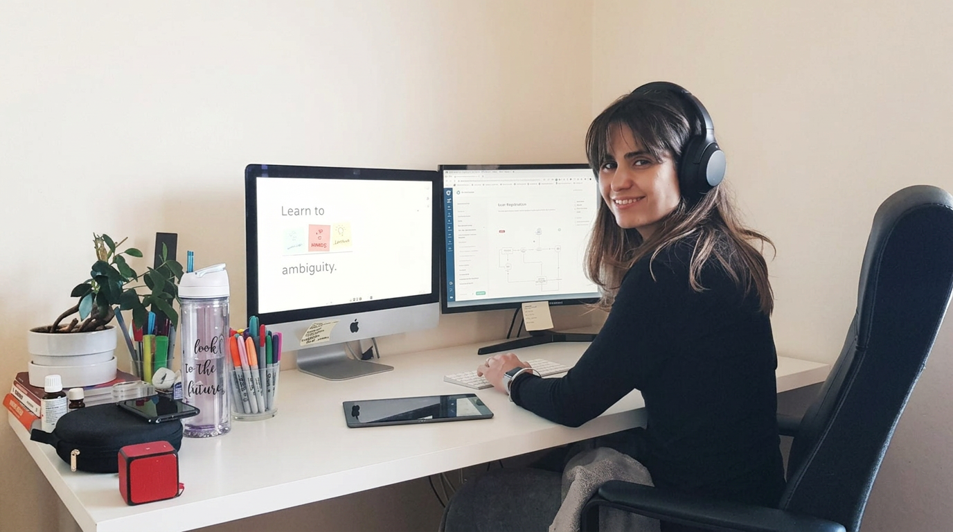Renata Buzhar at her desk with two monitors showing design work
